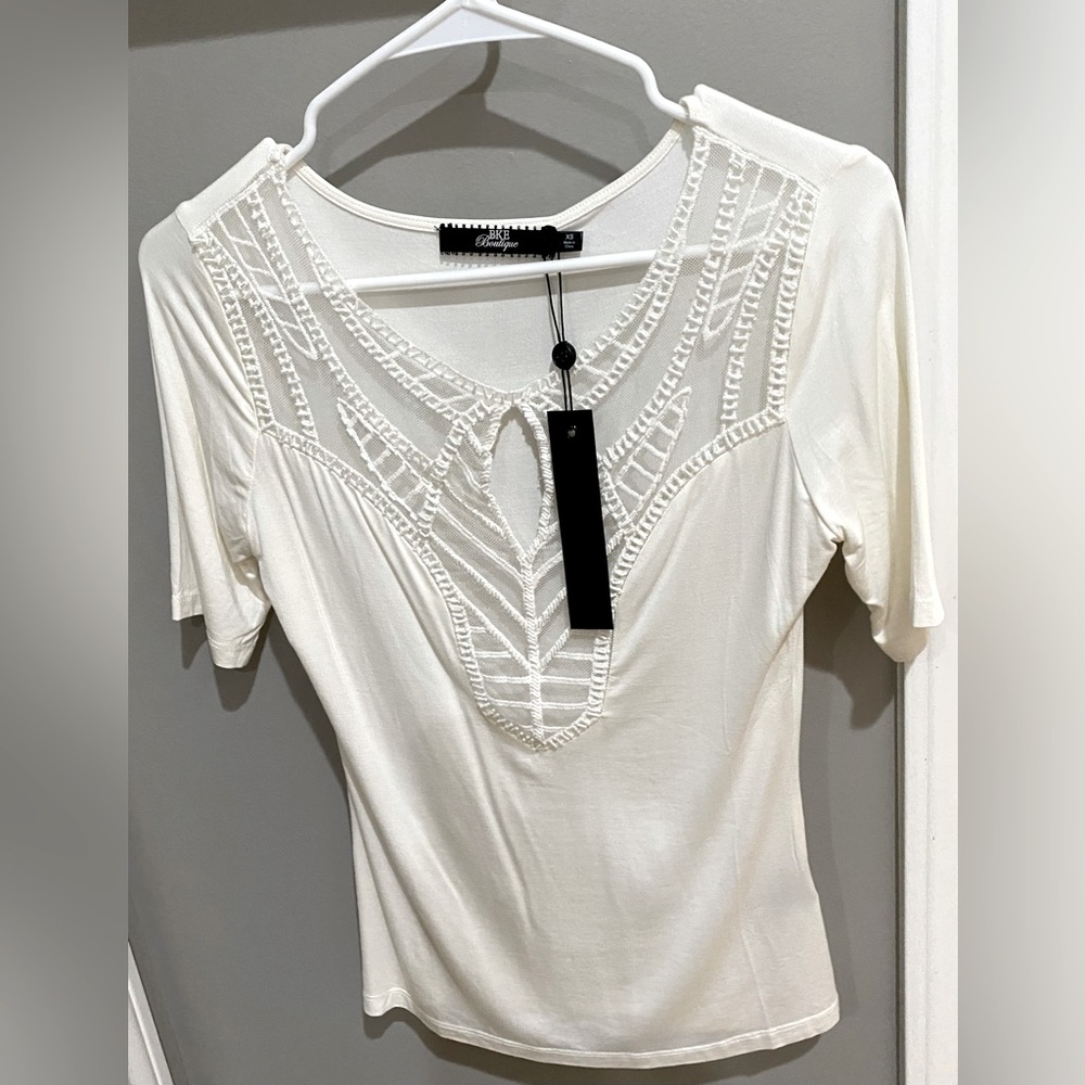 BKE Rhinestone Mesh Deep V Blouse